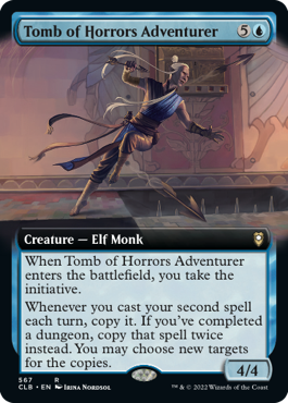 An elf monk in blue robes leaps across a spiked pit