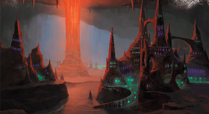 Glowing eldritch fires illuminate the cavernous city of Menzoberranzan