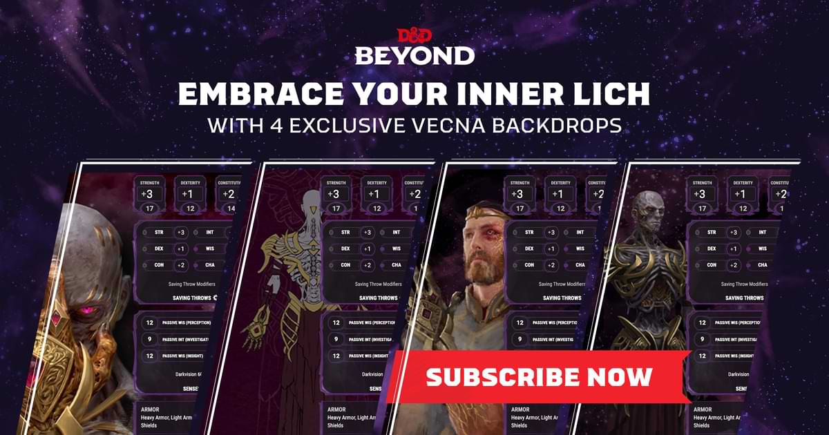 Preview of Vecna-themed backdrops with text that reads, "Embrace your inner lich with 4 exclusive Vecna backdrops. Subscribe now."