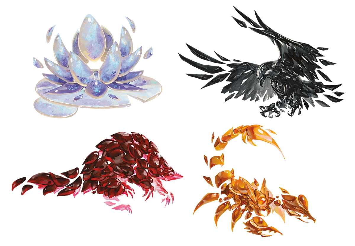 The Ruby Pangolin, Obsidian Eagle, Moonstone Water Lily, and Amber Scorpion Dawn Incarnates