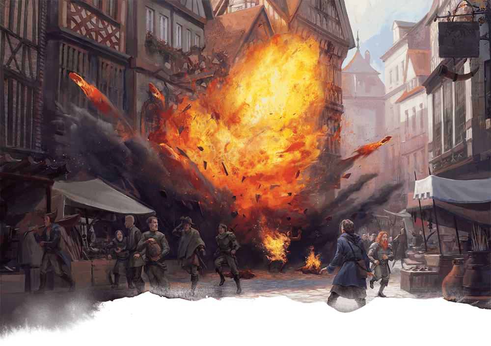 A fiery explosion in a marketplace