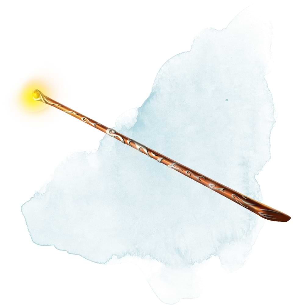 A wooden wand with silver accents and a fiery glowing tip