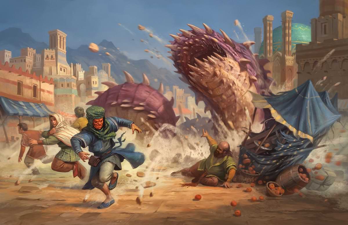 A purple worm erupts from the ground in a desert market