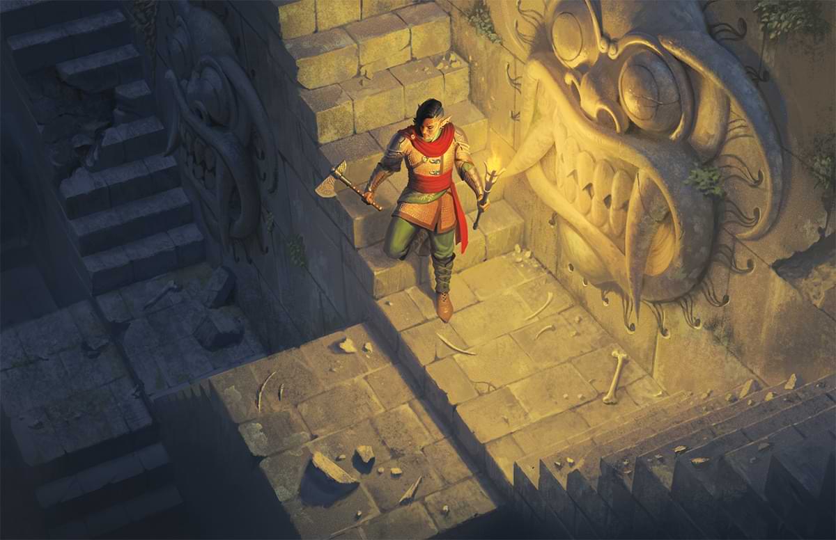 An adventurer holding a torch explores a ruined temple