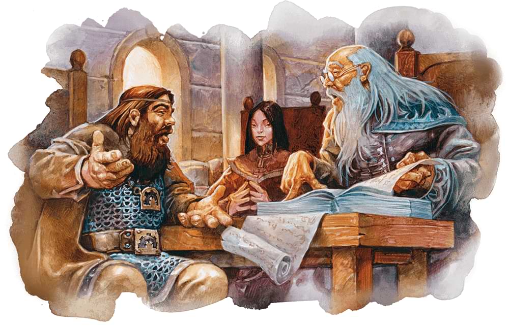 A adventuring party discusses matters at a bar