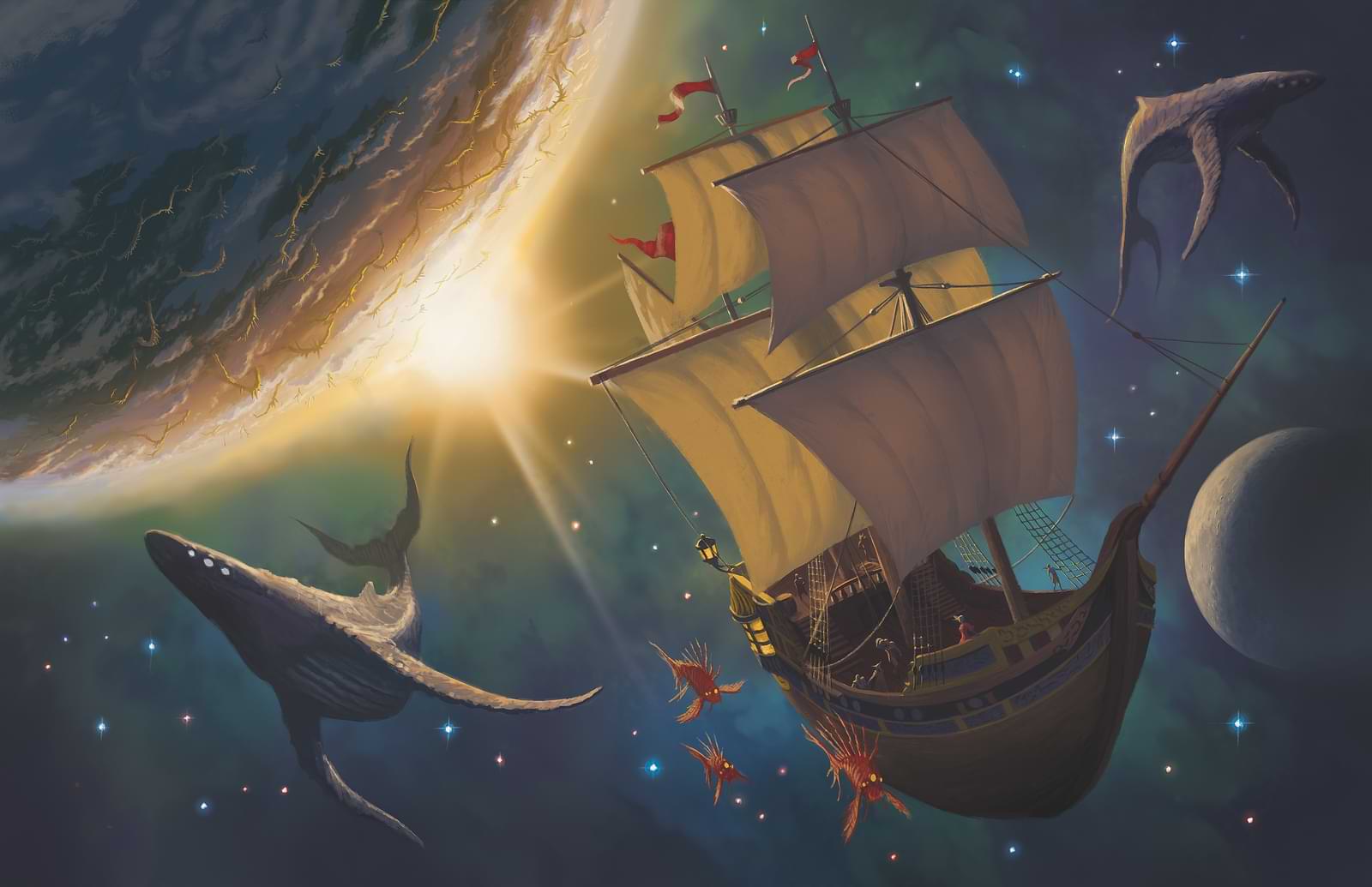 A ship in space with alien whales and fish flying alongside it