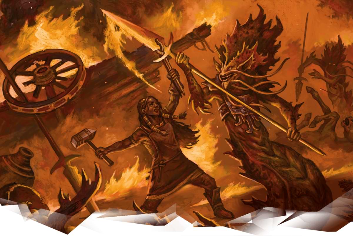 A fire burns as a person fights a salamander