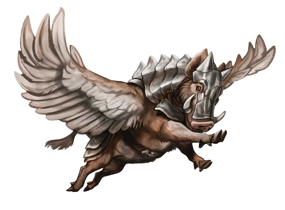 A brown pig with white feathered wings wearing armor