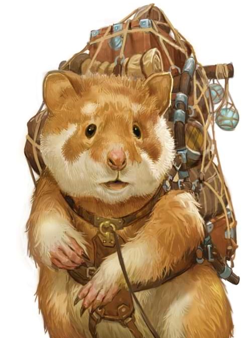 A giant hamster carrying supplies and being led by an adventurer