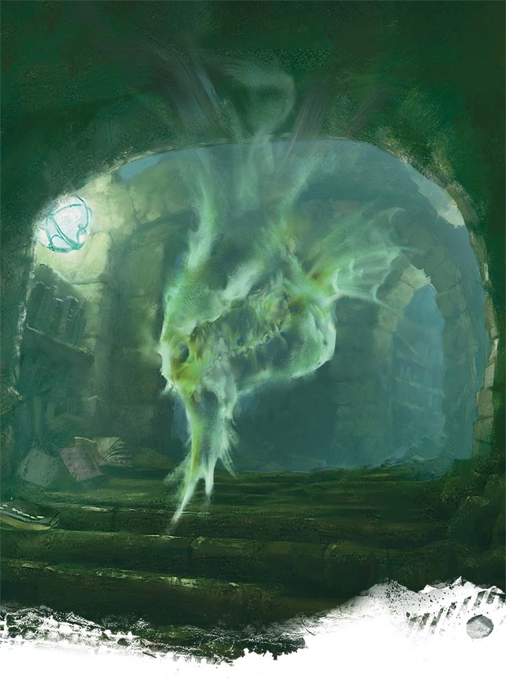 Miirym, a ghostly sentinel wyrm, guards the Catacombs of Candlekeep...