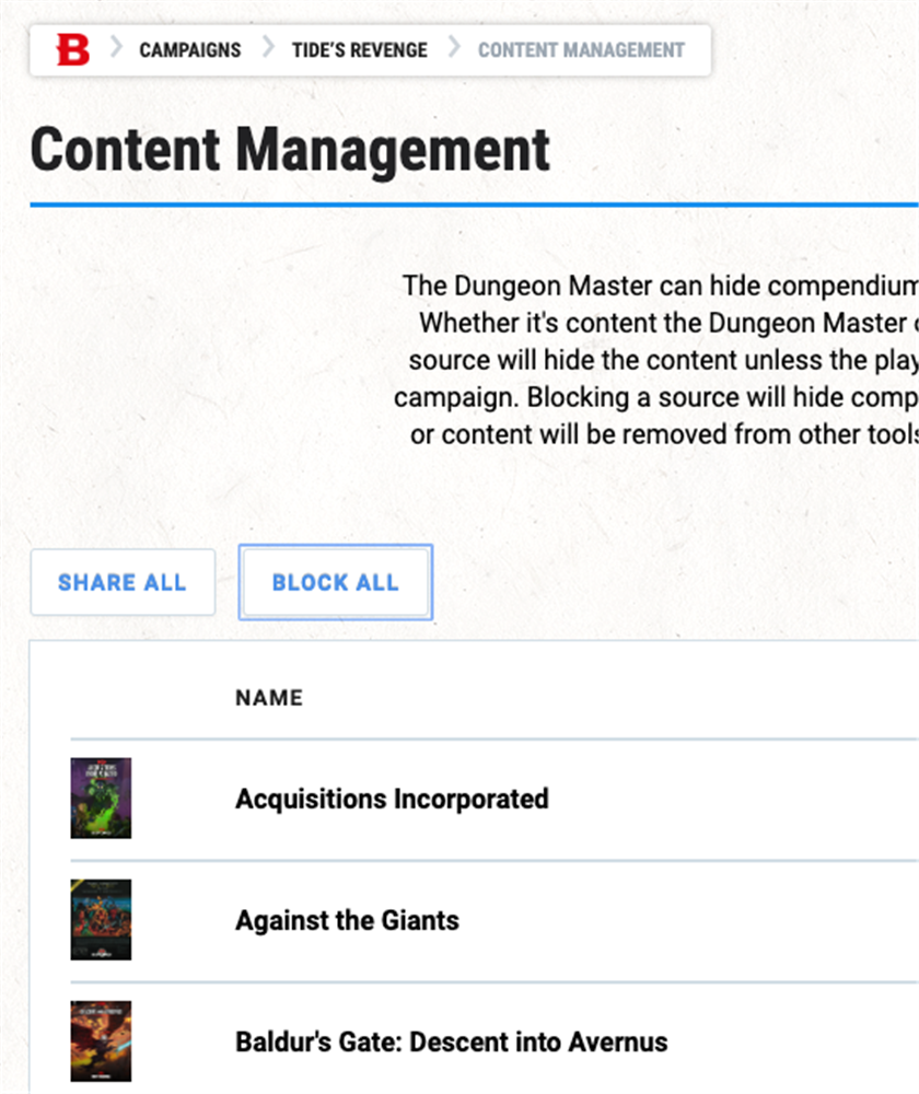 Content Management Share all Block all buttons